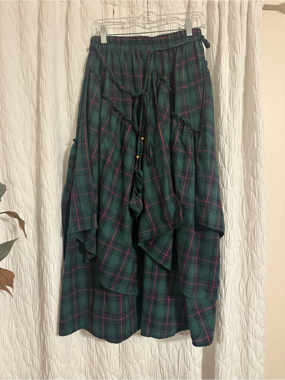 Amazon Dark Green Plaid Tiered Midi Skirt with Pink Accents
